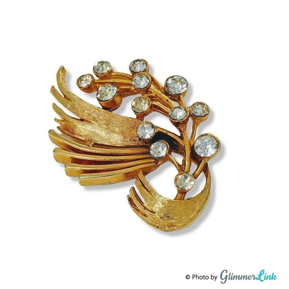 Vintage Gold Tone Leaf Branch Rhinestone Bouquet Brooch